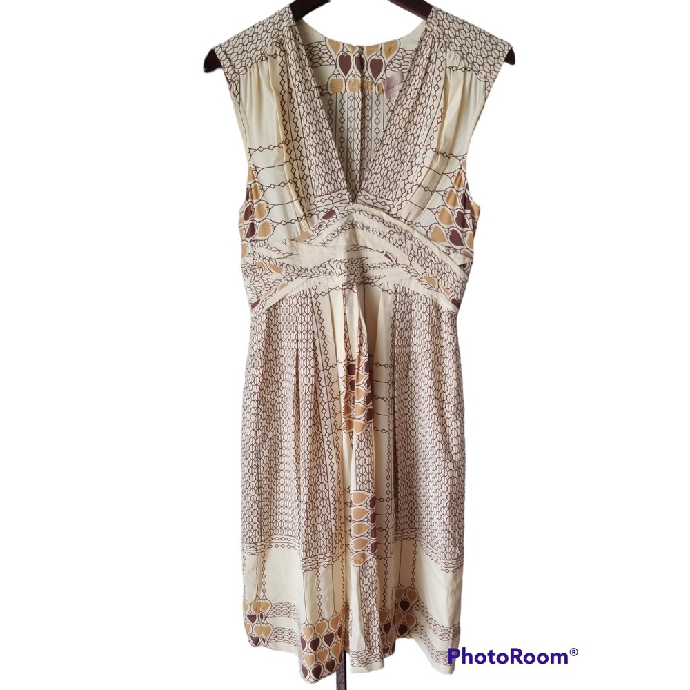 Tracy Reese New York Silk V Neck Printed Sleeveless Ecru Linear Scarf Dress JT01